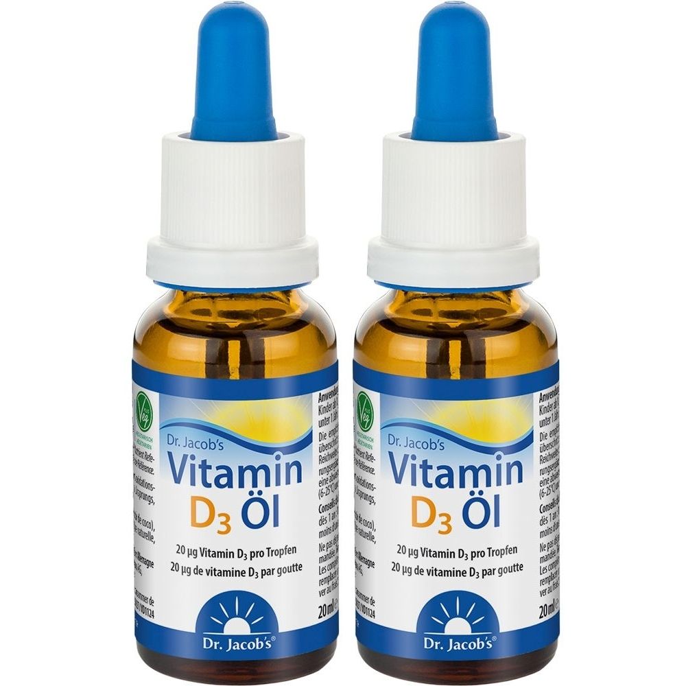 Zwei Flaschen mit blauen Pipetten. Aufschrift: Vitamin D3 Öl. 20 µg Vitamin D3 pro Tropfen. Dr. Jacob's.