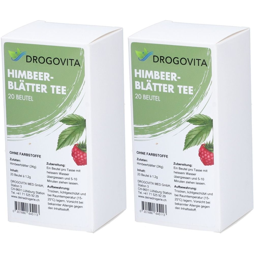 Zwei weiße Kartons mit Aufdruck. Aufdruck: DROGOVITA, Himbeerblätter Tee, 20 Beutel, Abbildung Himbeere. Ohne Farbstoffe.