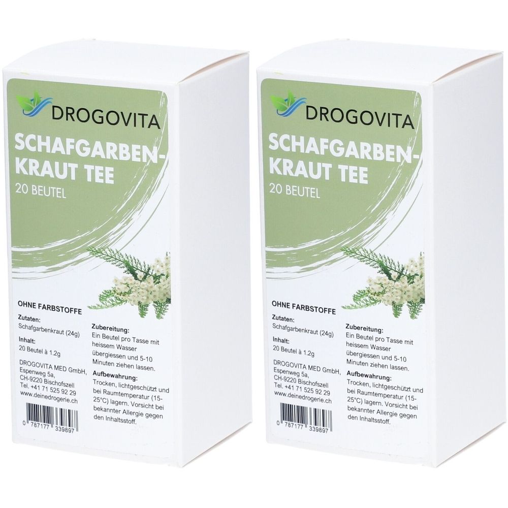 Zwei weiße Kartons mit grünen Etiketten. Aufschrift: Drogovita Schafgarben-Kraut Tee, 20 Beutel. Ohne Farbstoffe.