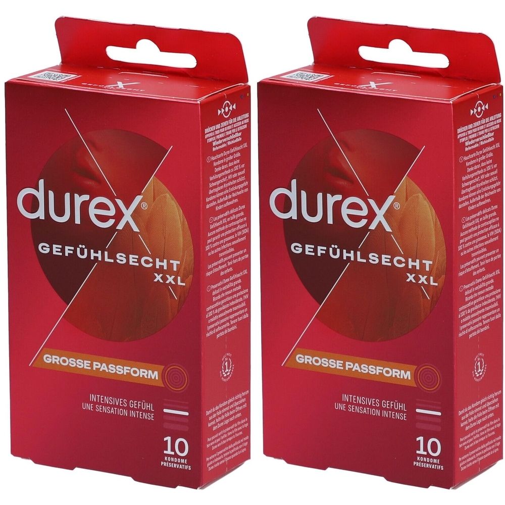 Zwei rote Durex-Verpackungen. Aufschrift: Gefühlssecht XXL, Grosse Passform, 10 Kondome.