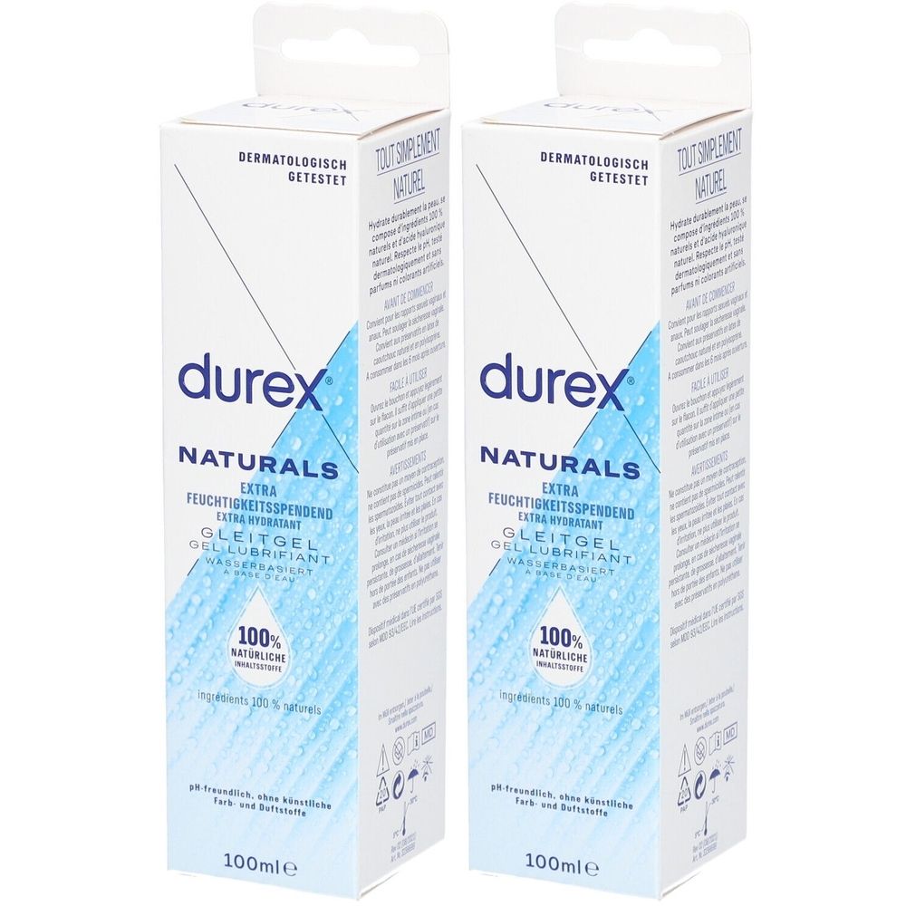 Deux boîtes de gel lubrifiant "durex NATURALS". Emballage blanc avec texte bleu et motif gouttes d'eau. 100ml.