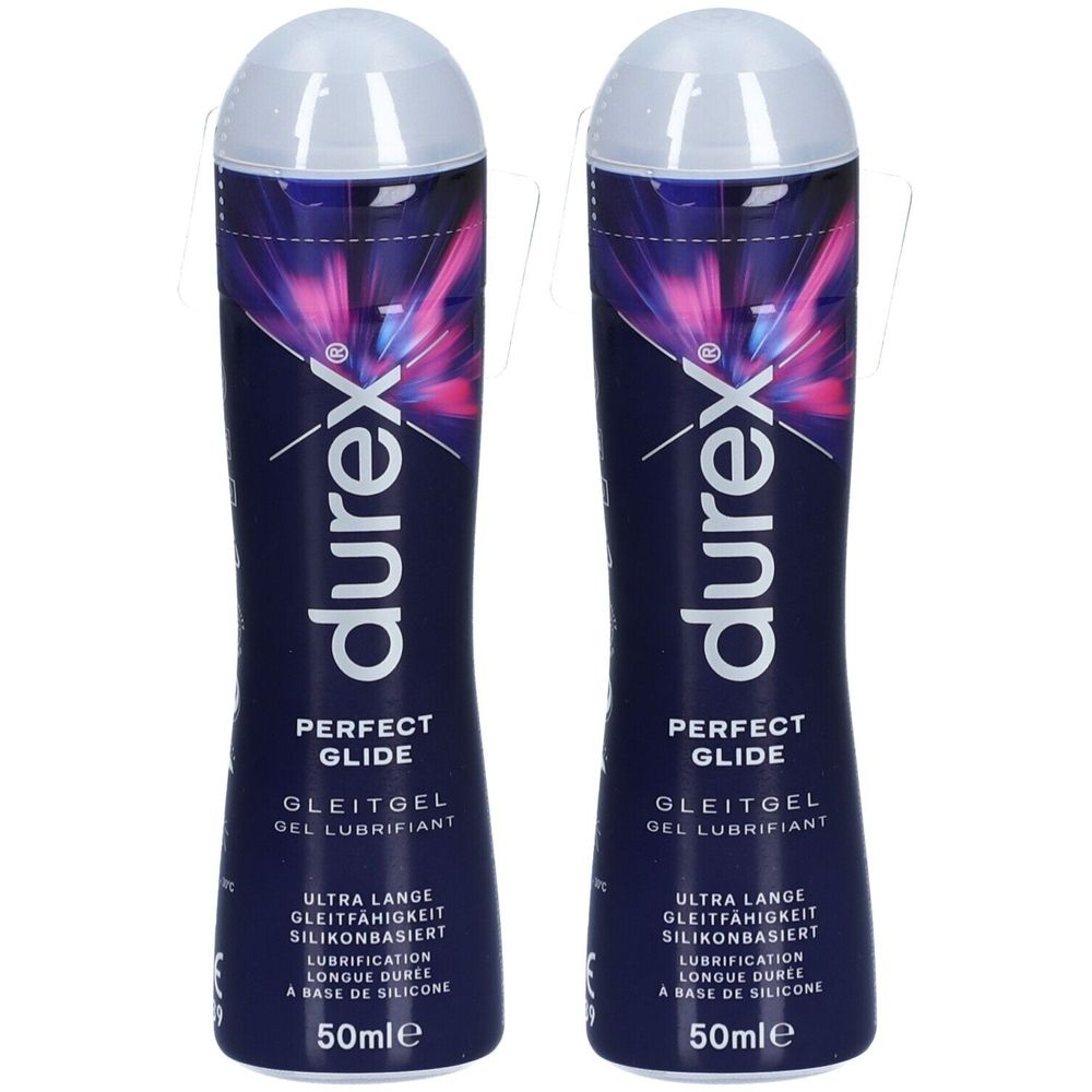 Zwei Flaschen Durex Perfect Glide Gleitgel. Dunkelblaue Flaschen mit weißem Deckel. Aufschrift: Perfect Glide, Gleitgel, silikonbasiert.