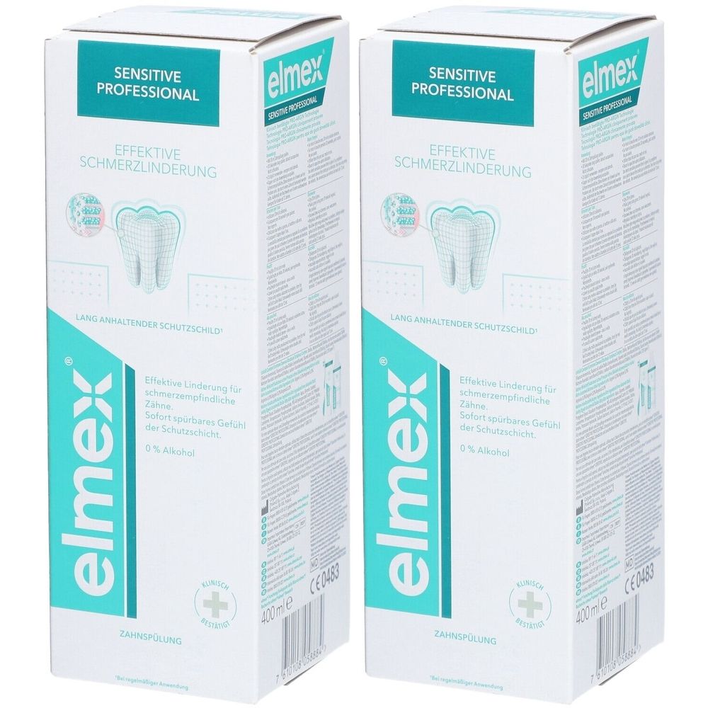 Zwei Kartons Elmex Sensitive Professional Mundspülung. Weiß mit türkisen Akzenten. Aufschrift: Sensitive Professional, Elmex.