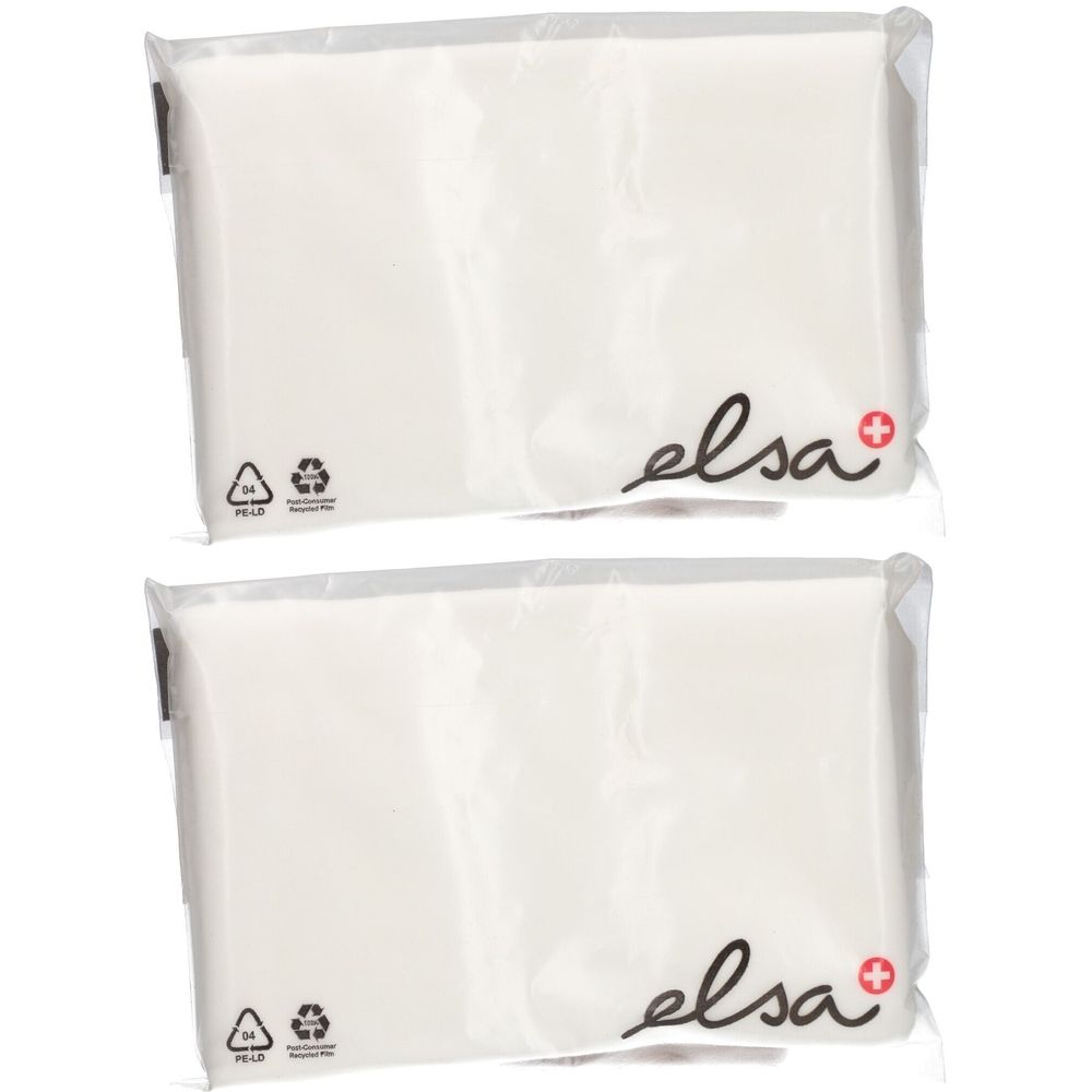 Deux produits blancs rectangulaires dans un emballage transparent. Le mot "elsa" est imprimé avec un signe plus rouge.