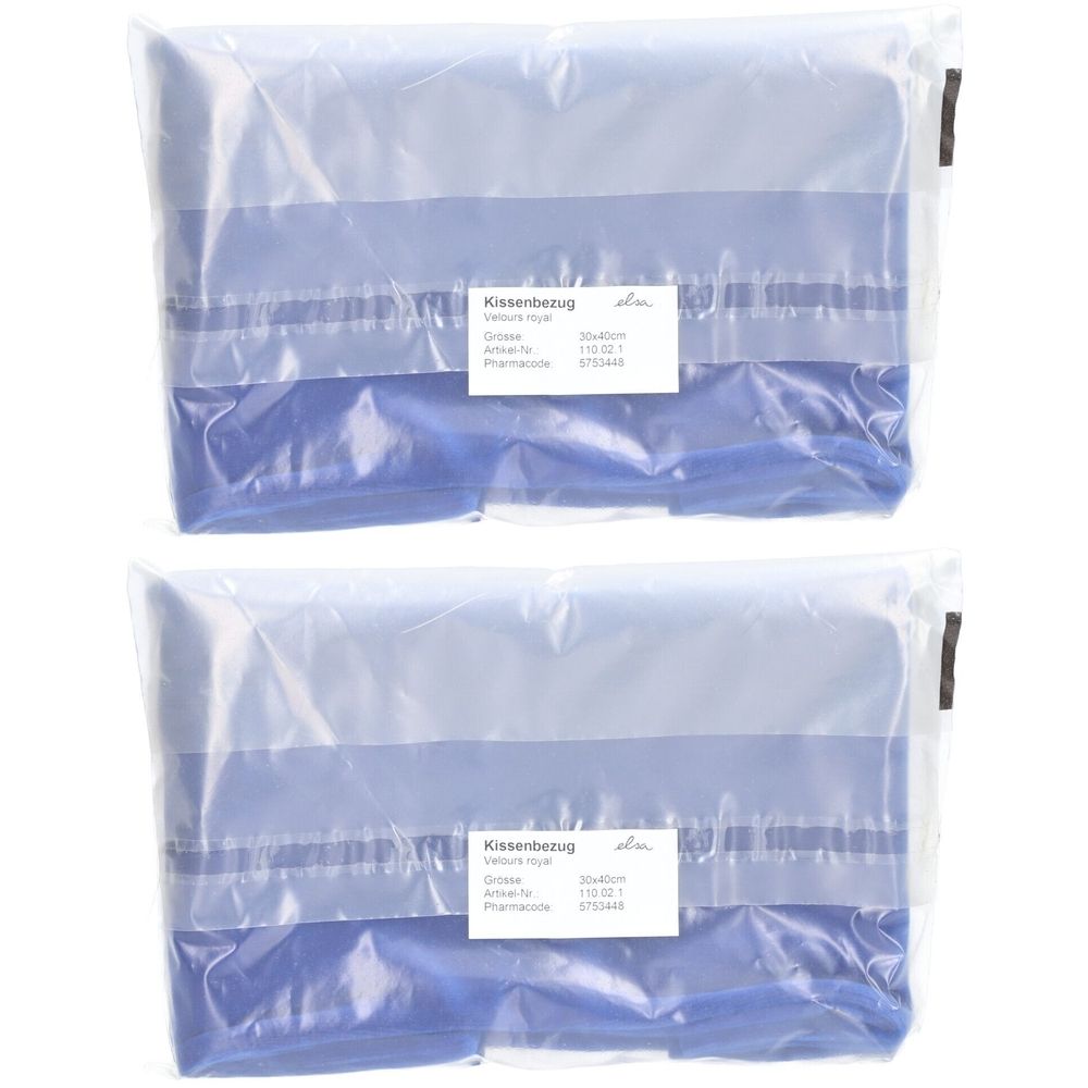 Zwei Kissenbezüge in Folienverpackung. Königsblaues Samt. Aufkleber mit Produktinformationen: 30x40cm.