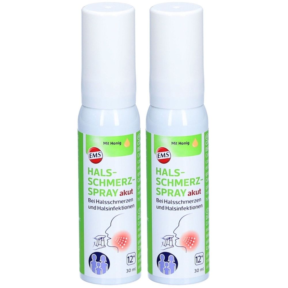 Deux flacons de spray. Inscription: EMS Halsschmerzspray akut. Pour les maux de gorge et les infections de la gorge. Avec du miel. 12+. 30 ml.