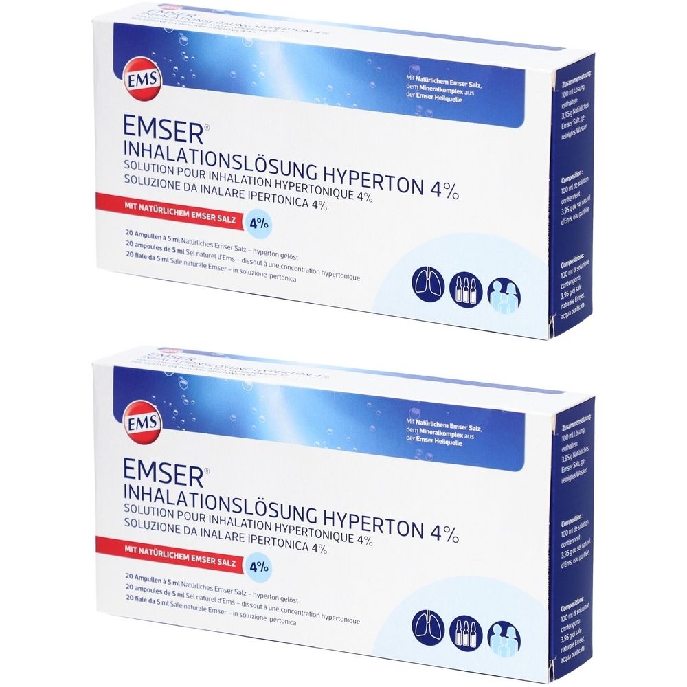 Zwei weiße Kartons mit Produktaufdruck. Aufschrift: EMSER Inhalationslösung Hyperton 4%. Blaue und rote Akzente. Logo: EMS.