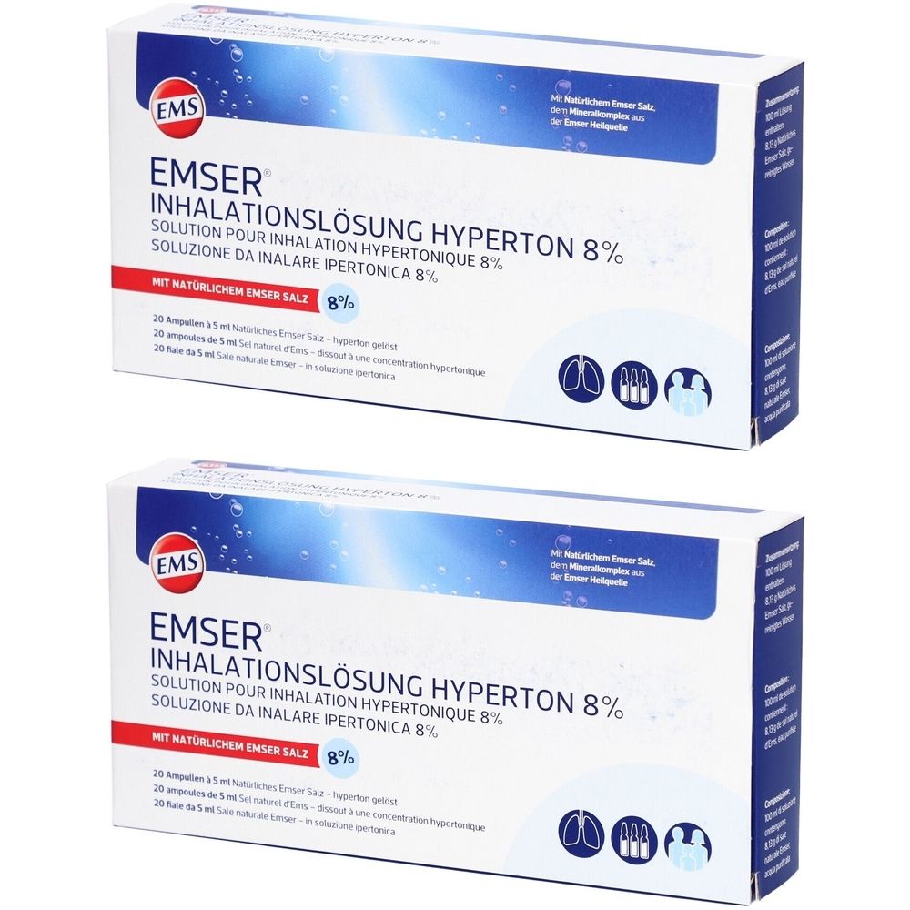 Zwei Kartons Emser Inhalationslösung 8 % hyperton. Aufschrift: Inhalationslösung, hyperton, 8 %. Mit natürlichem Emser Salz.