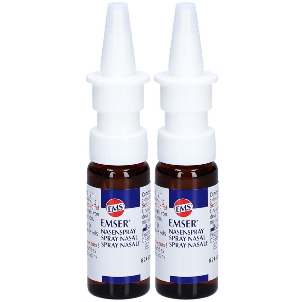 Deux sprays nasaux avec embout blanc et flacon brun. Inscription: EMSER Spray nasal.