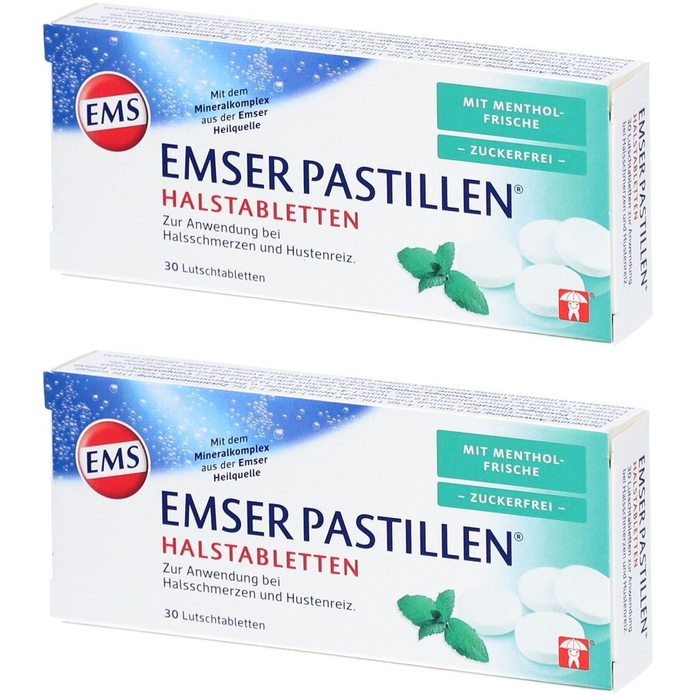 Zwei Schachteln Emser Pastillen. Aufschrift: Halstabletten, zuckerfrei, mit Mentholfrische. 30 Lutschtabletten. Logo: EMS.