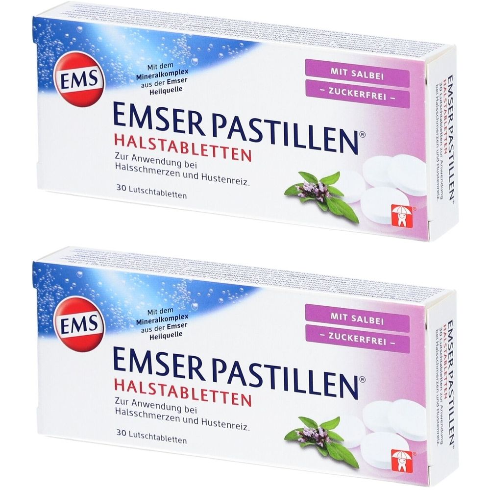 Zwei Schachteln Emser Pastillen. Aufschrift: Halstabletten, mit Salbei, zuckerfrei. 30 Lutschtabletten. Logo: EMS.
