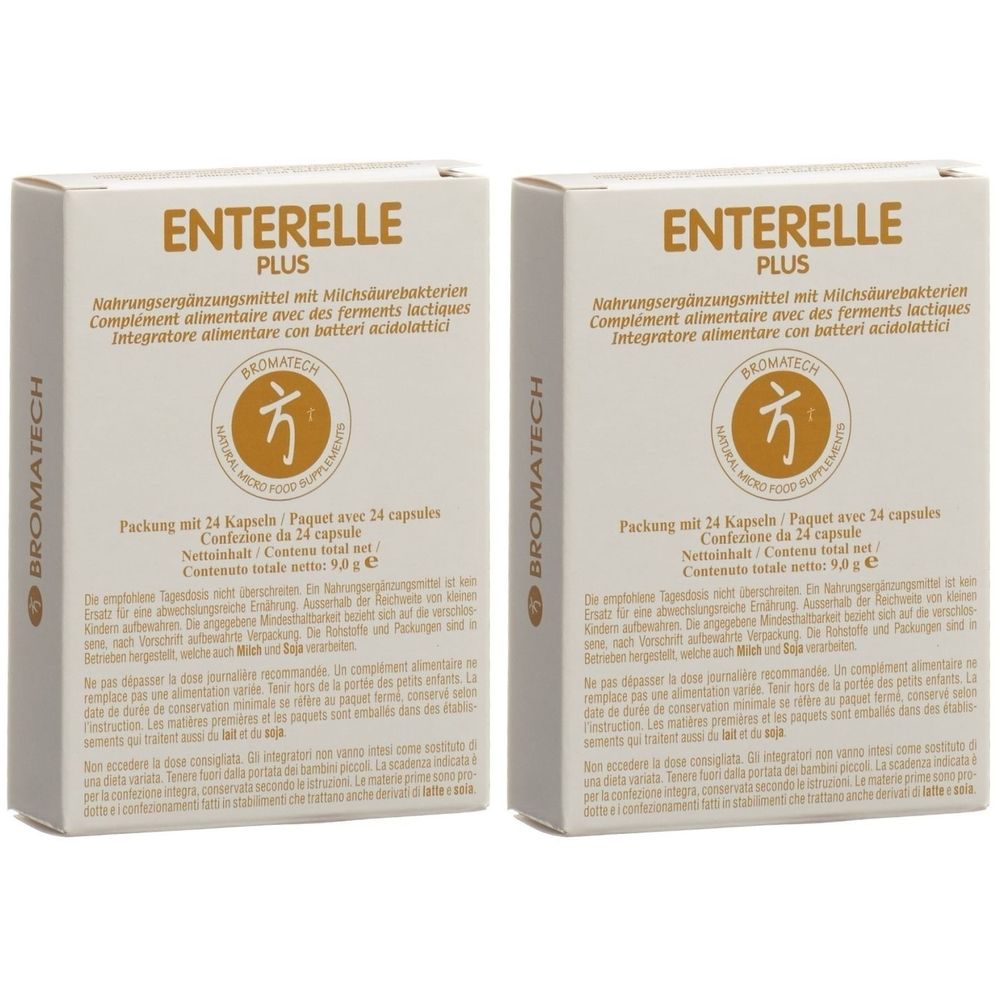 Zwei rechteckige Schachteln mit der Aufschrift "ENTERELLE PLUS". Text in Deutsch, Französisch und Italienisch. Logo mit Schriftzug BROMATECH.