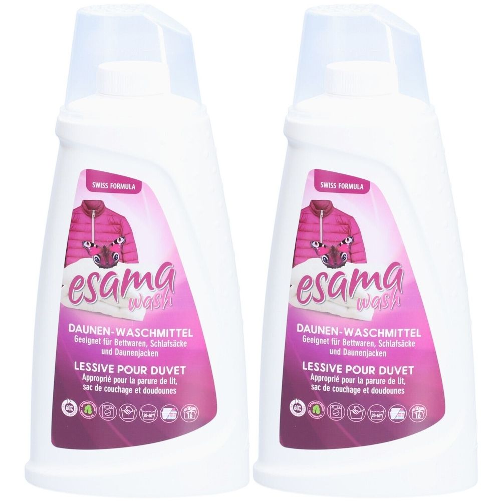 Zwei weiße Flaschen mit rosa Etikett. Aufschrift: Esama Wash Daunen-Waschmittel. Geeignet für Bettwaren, Schlafsäcke und Daunenjacken.