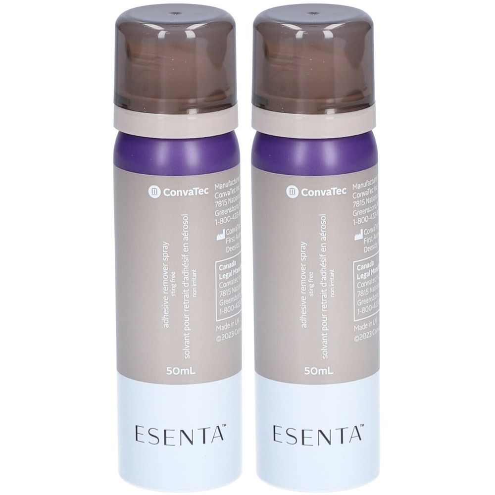 Zwei Sprays mit braunen Kappen. Aufschrift: Esenta, ConvaTec, 50ml. Produkt zur Entfernung von Klebstoffen.