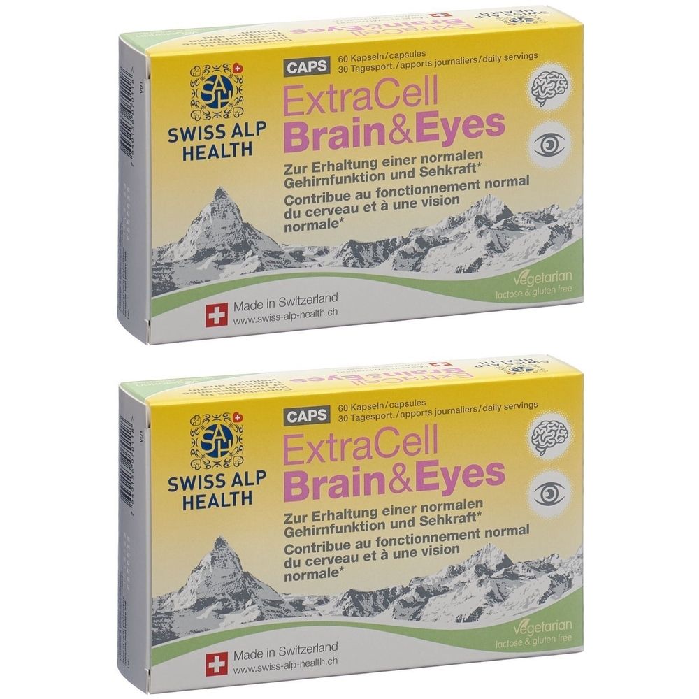 Zwei Schachteln Swiss Alp Health ExtraCell Brain&Eyes. Gelbe Verpackung mit Produktnamen, Logo und Schweizer Kreuz.