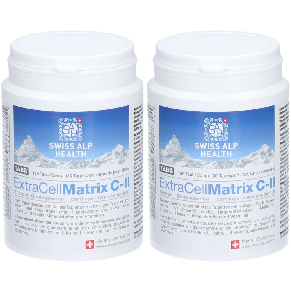 Zwei weiße Tablettenbehälter mit blauen Etiketten. Aufschrift: Swiss Alp Health, ExtraCellMatrix C-II. Mit Schweizer Kreuz.