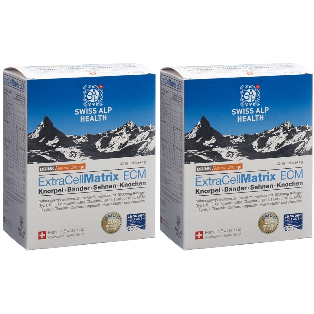 Zwei Kartons mit "ExtraCellMatrix ECM". Blaue und weiße Verpackung mit Text und Logo "Swiss Alp Health".