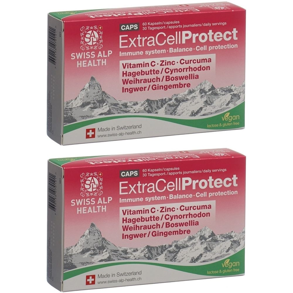 Zwei Schachteln mit ExtraCellProtect-Kapseln. Aufschrift: Swiss Alp Health, Inhaltsstoffe, Vegan-Siegel, Made in Switzerland.