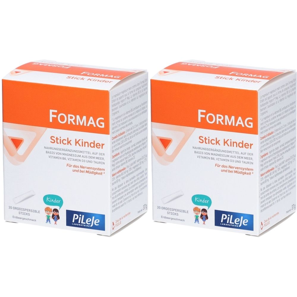 Zwei Kartons mit "FORMAG Stick Kinder"-Aufdruck. Orange-weiße Verpackung mit Produktinformationen und Logo. Enthält 30 Sticks.