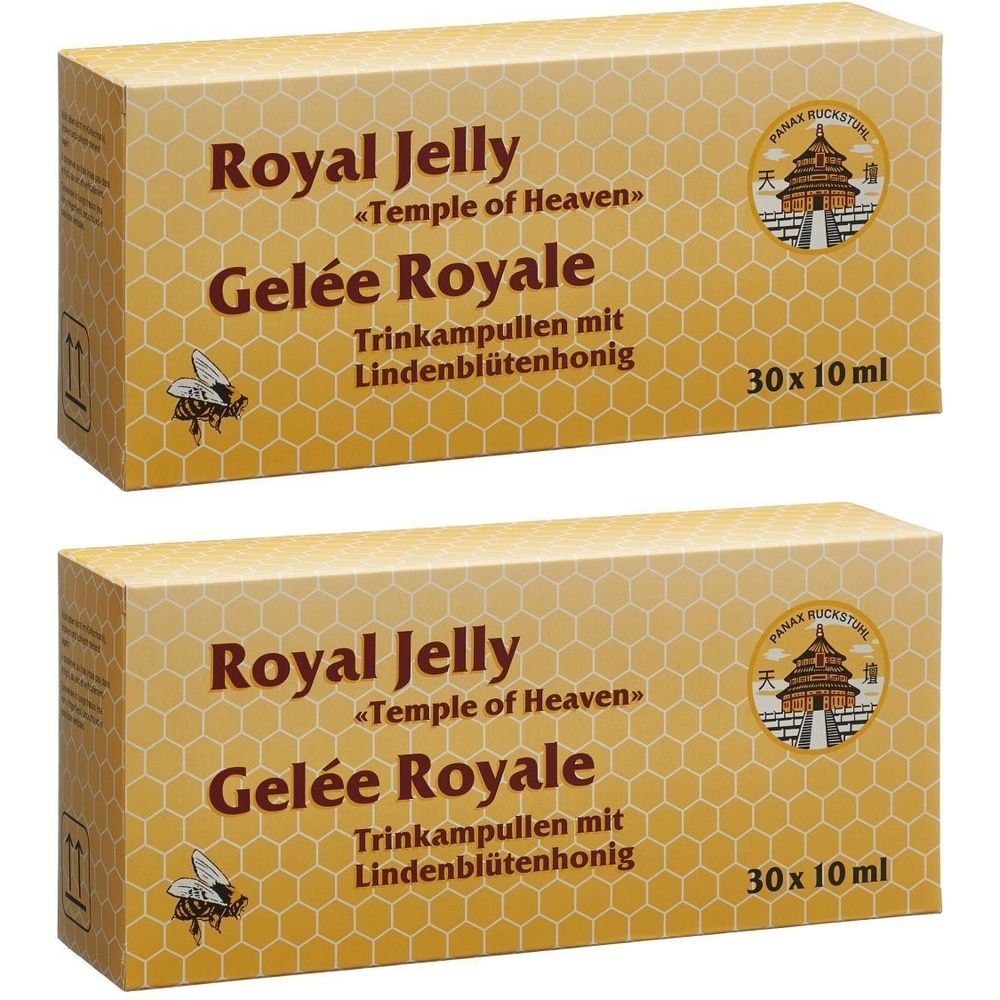 Zwei Kartons mit „Royal Jelly“ und „Gelée Royale“. Aufschrift: Trinkampullen mit Lindenblütenhonig. 30 x 10 ml. Logo mit Tempel.