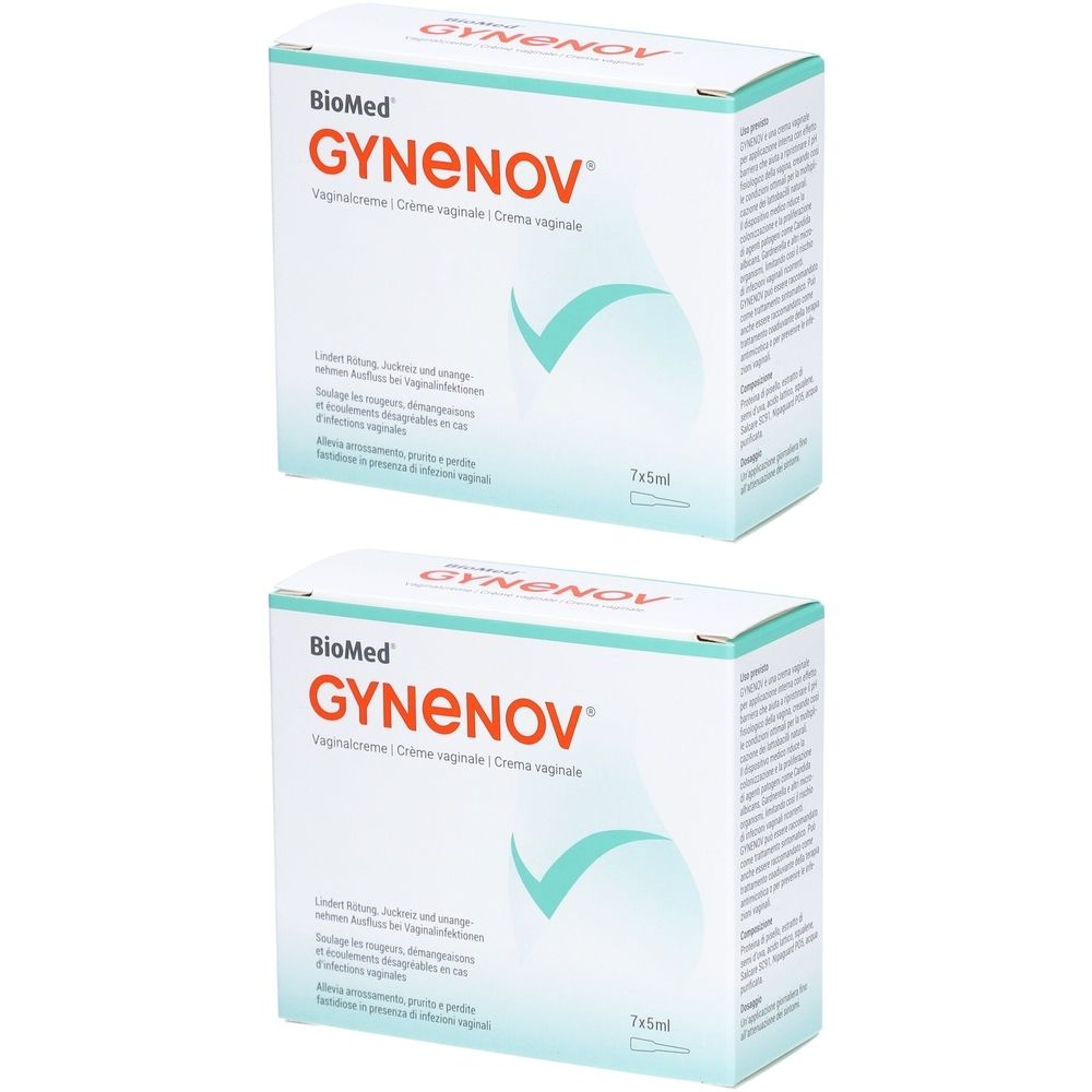 Deux boîtes de crème vaginale GYNENOV. Chaque boîte contient 7x5ml. Inscription BioMed et une coche verte.