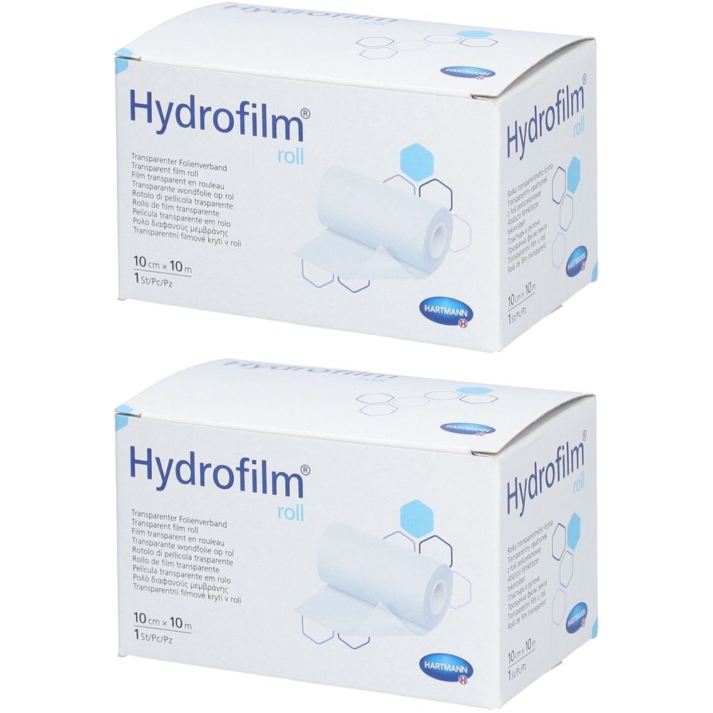 Zwei Kartons mit der Aufschrift Hydrofilm roll. Aufdruck: 10 cm x 10 m. Marke: HARTMANN.