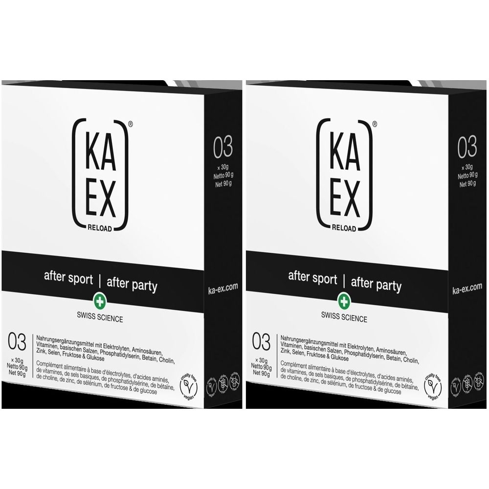Zwei weiße Kartons mit schwarzer Schrift. Aufschrift: KAEX RELOAD, after sport | after party, Swiss Science. Mit Logo und Zahl 03.