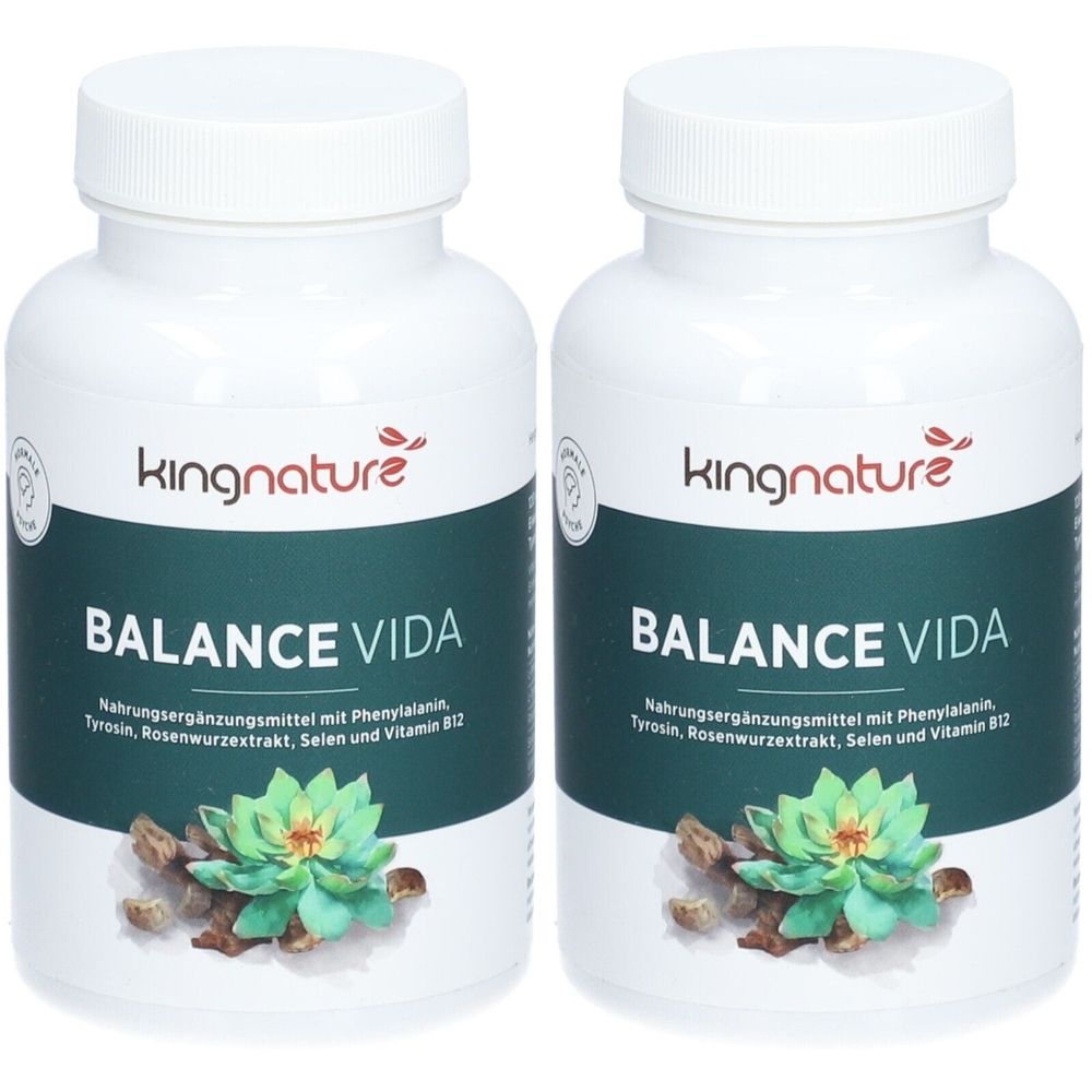 Zwei weiße Flaschen mit Deckel. Aufschrift: kingnature BALANCE VIDA. Mit floralem Design und Produktinformationen.