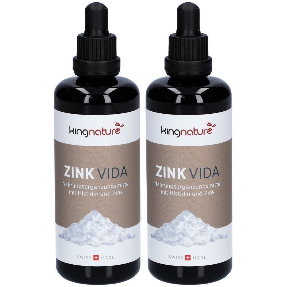 Deux flacons de KINGNATURE Zinc Vida. Flacons noirs avec compte-gouttes. Inscription : ZINK VIDA, complément alimentaire avec histidine et zinc. Swiss Made.