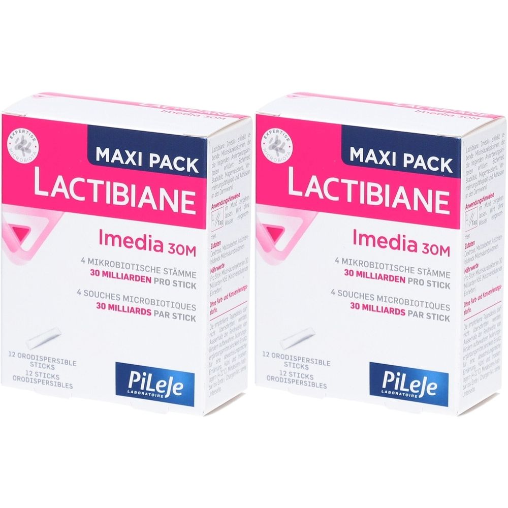 Deux boîtes blanches avec texte rose et bleu. Inscription : LACTIBIANE Imedia 30M, 4 souches microbiotiques, 30 milliards par stick. Marque : PiLeje.