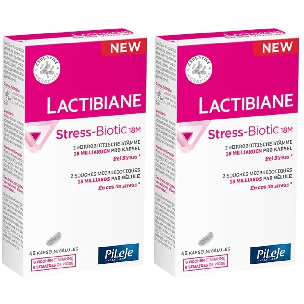 Zwei Packungen LACTIBIANE Stress-Biotic 18M. Weiße Schachteln mit pinkfarbenen Akzenten und Text. Enthält Kapseln. Marke PiLeje.