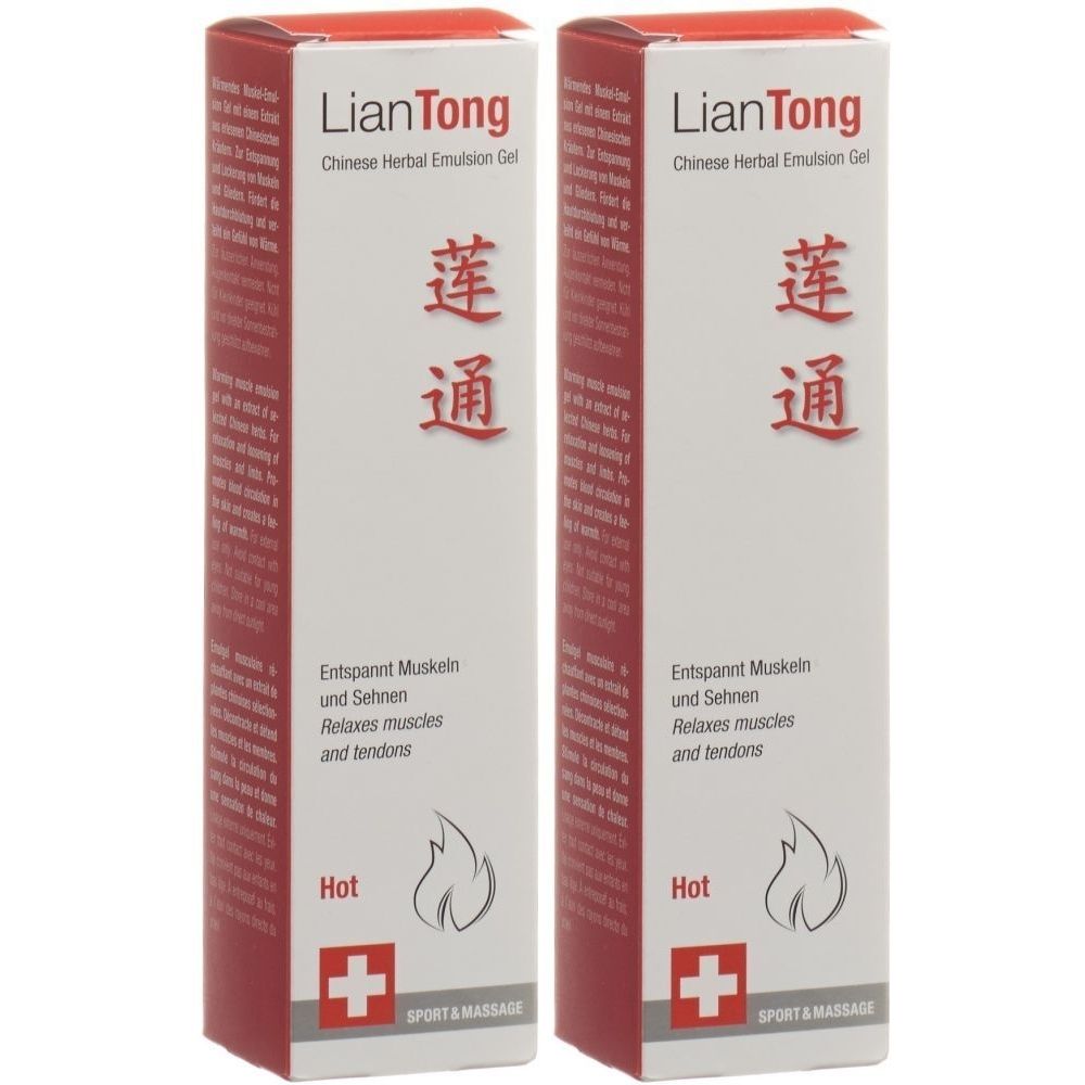 Zwei rechteckige Verpackungen. Aufschrift: LianTong Chinese Herbal Emulsion Gel. Text in chinesischen Schriftzeichen. "Entspannt Muskeln und Sehnen".