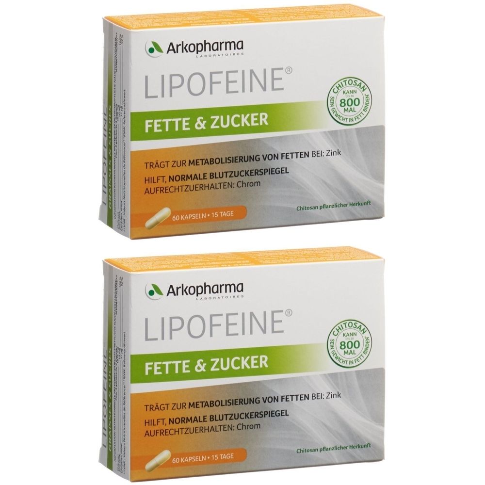 Deux boîtes de Arkopharma Lipofeine Fette & Zucker. Inscription : Chitosan 800. Contient 60 gélules. Fond orange et blanc.