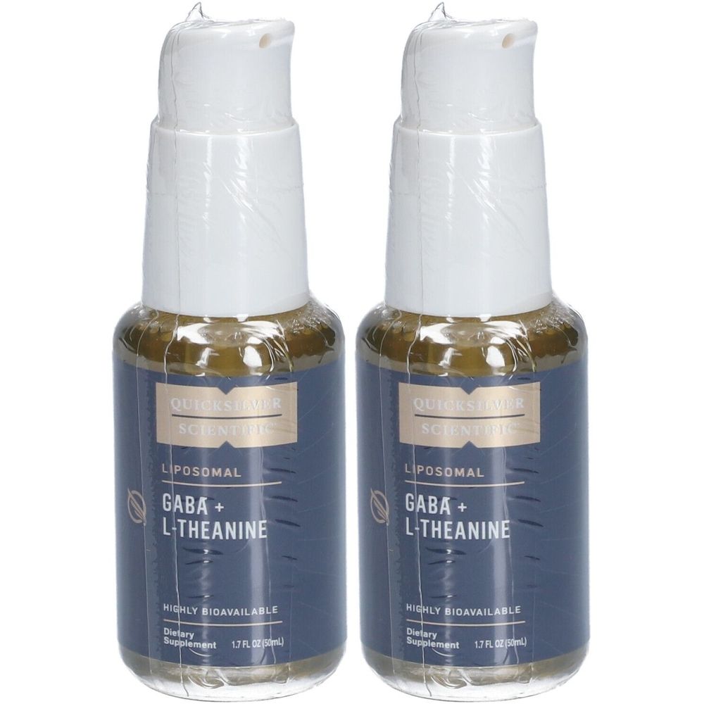 Deux flacons avec pompe blanche et étiquette bleue. Inscription : Liposomal GABA + L-Théanine. Complément alimentaire.