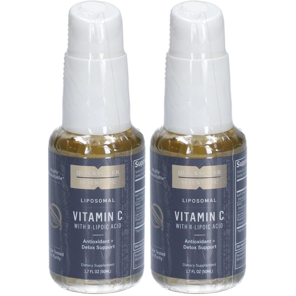 Deux flacons de vitamine C. Étiquettes bleu foncé avec texte blanc. Contient de l'acide R-lipoïque. 1,7 fl oz.