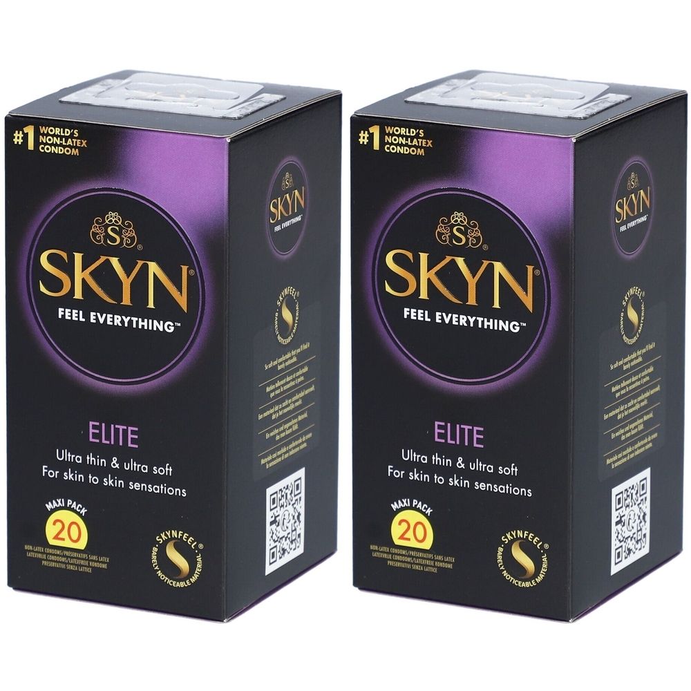 Deux boîtes de préservatifs SKYN Elite. Emballage noir avec accents violets. Inscription : Ultra fin & ultra doux. Maxi Pack 20.