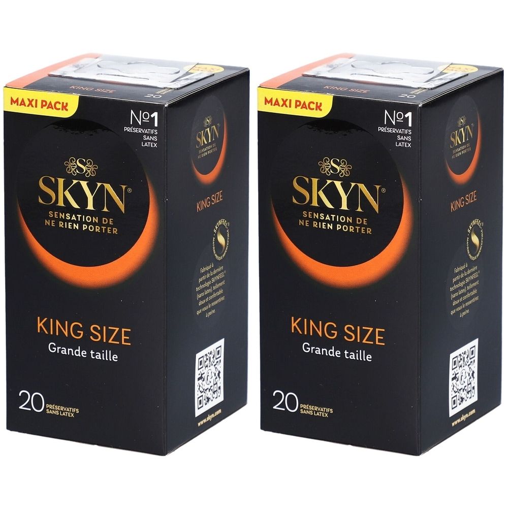 Deux boîtes de préservatifs SKYN King Size. Emballage noir avec demi-cercle orange et texte. 20 unités.