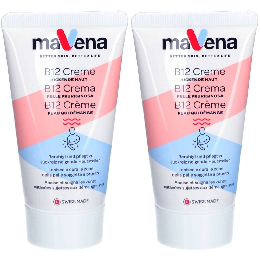 Zwei Tuben Creme mit der Aufschrift "mavena B12 Creme". Rosa und blaue Farbgebung. "Swiss Made" Logo.