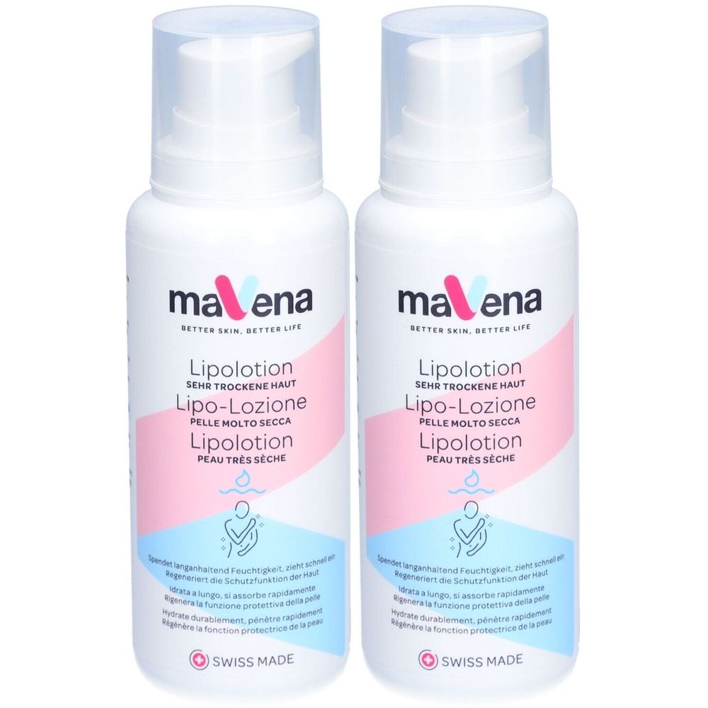 Zwei weiße Flaschen maVena Lipolotion mit Pumpverschluss. Aufschrift: Lipolotion, Lipo-Lozione, Lipolotion. Swiss Made.