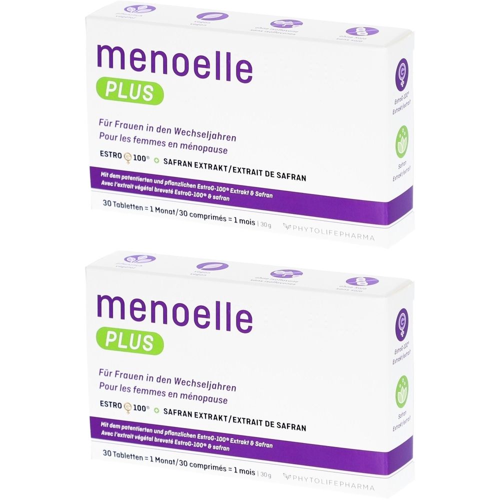 Zwei weiße Schachteln mit dem Produktnamen "menoelle PLUS". Text in Deutsch und Französisch. Aufschrift: "SAFRAN EXTRAKT".