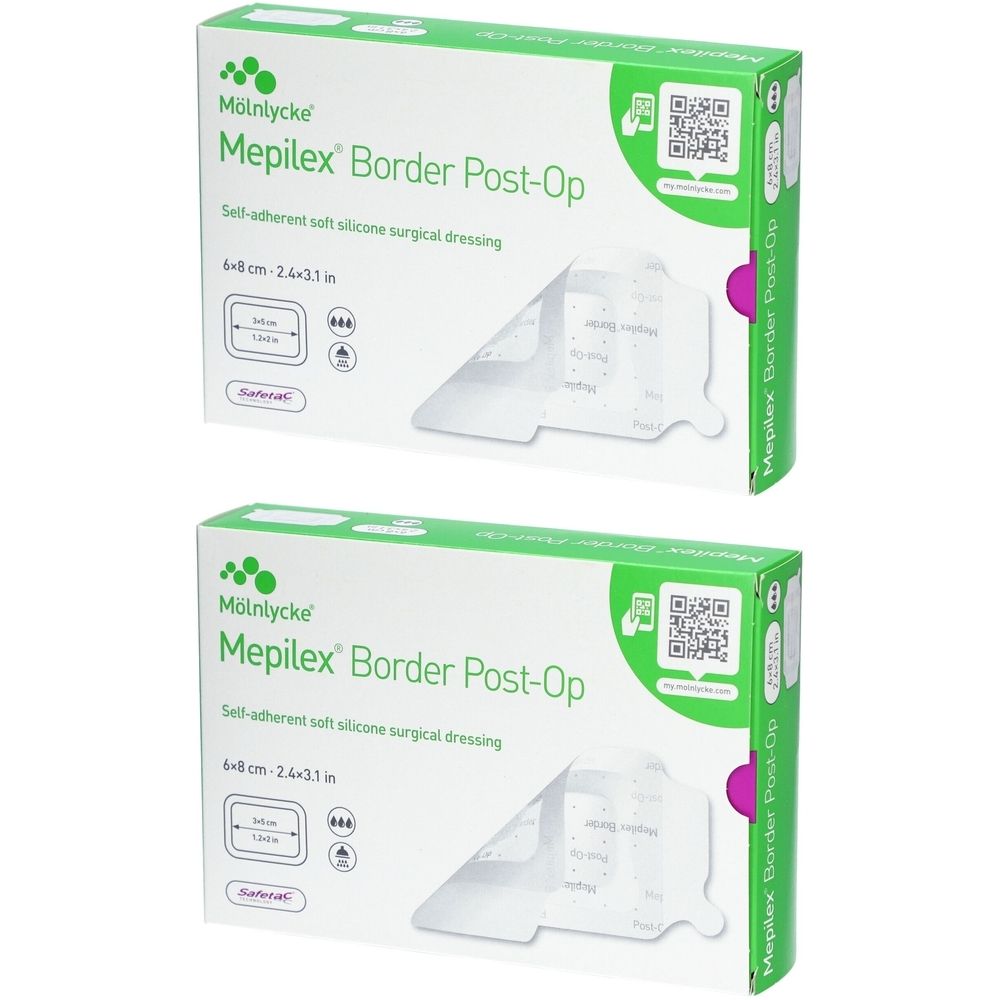 Deux boîtes de pansements Mepilex® Border Post-Op. Inscription : 6 x 8 cm. Pansement chirurgical auto-adhésif en silicone souple.