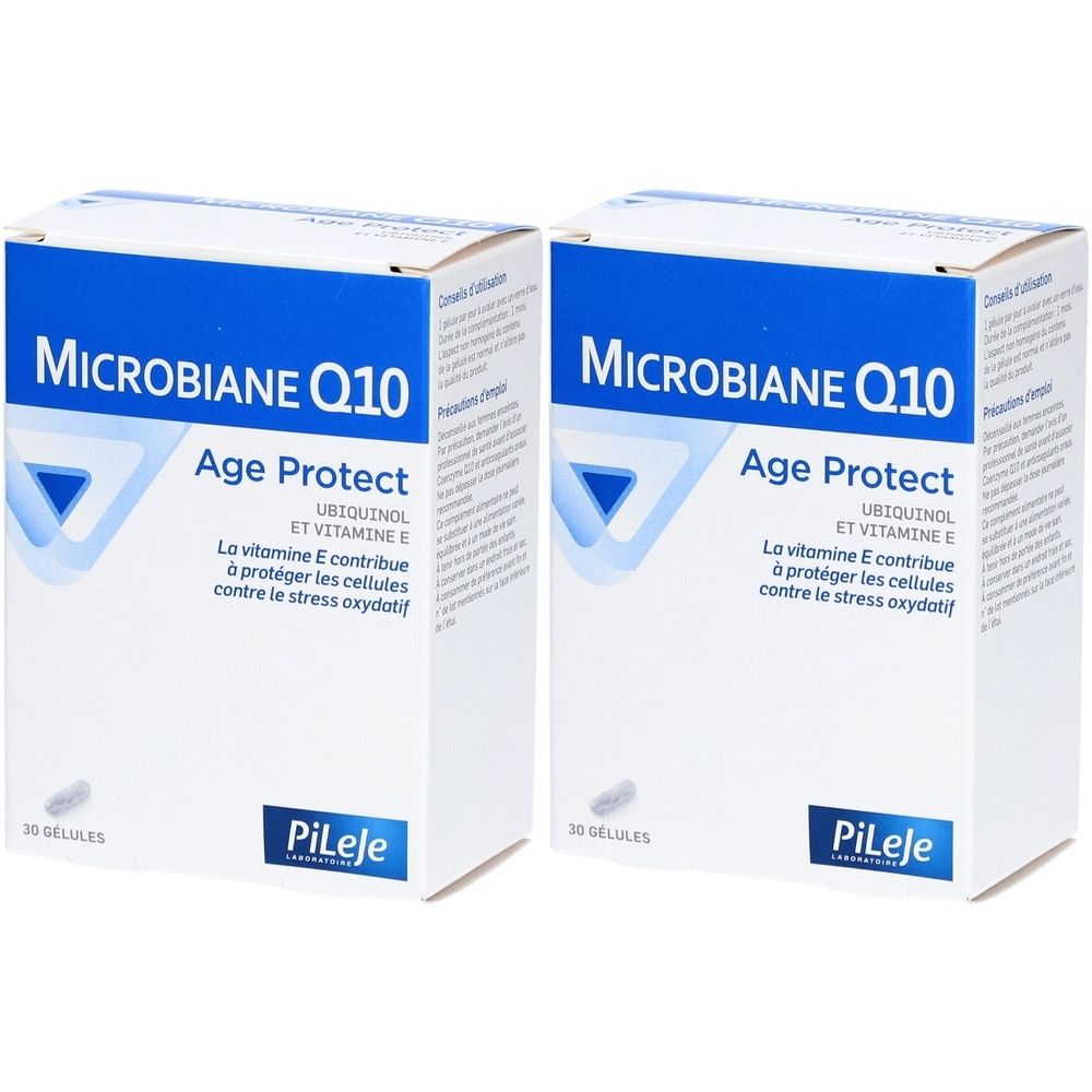 Zwei weiße Schachteln mit blauer Schrift. Aufschrift: Microbiane Q10 Age Protect. Enthält Ubiquinol und Vitamin E. Marke: PiLeje.