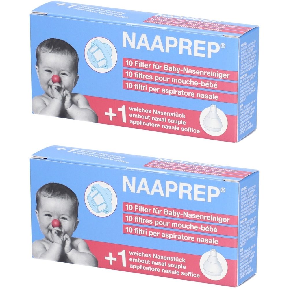 Zwei blaue Kartons mit Produktaufdruck. Aufschrift: NAAPREP, 10 Filter für Baby-Nasenreiniger, +1 weiches Nasenstück.