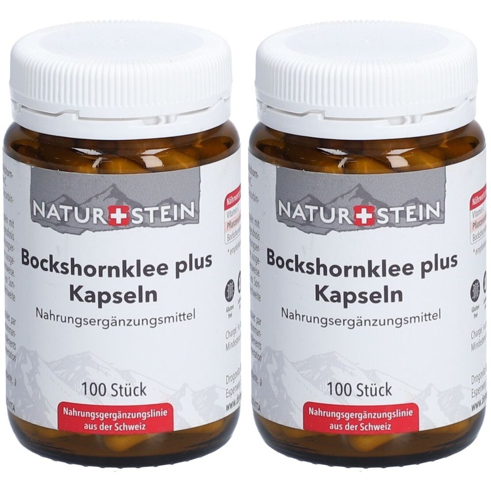 Zwei Flaschen mit Kapseln. Aufschrift: NATUR+STEIN Bockshornklee plus Kapseln, 100 Stück. Nahrungsergänzungsmittel.