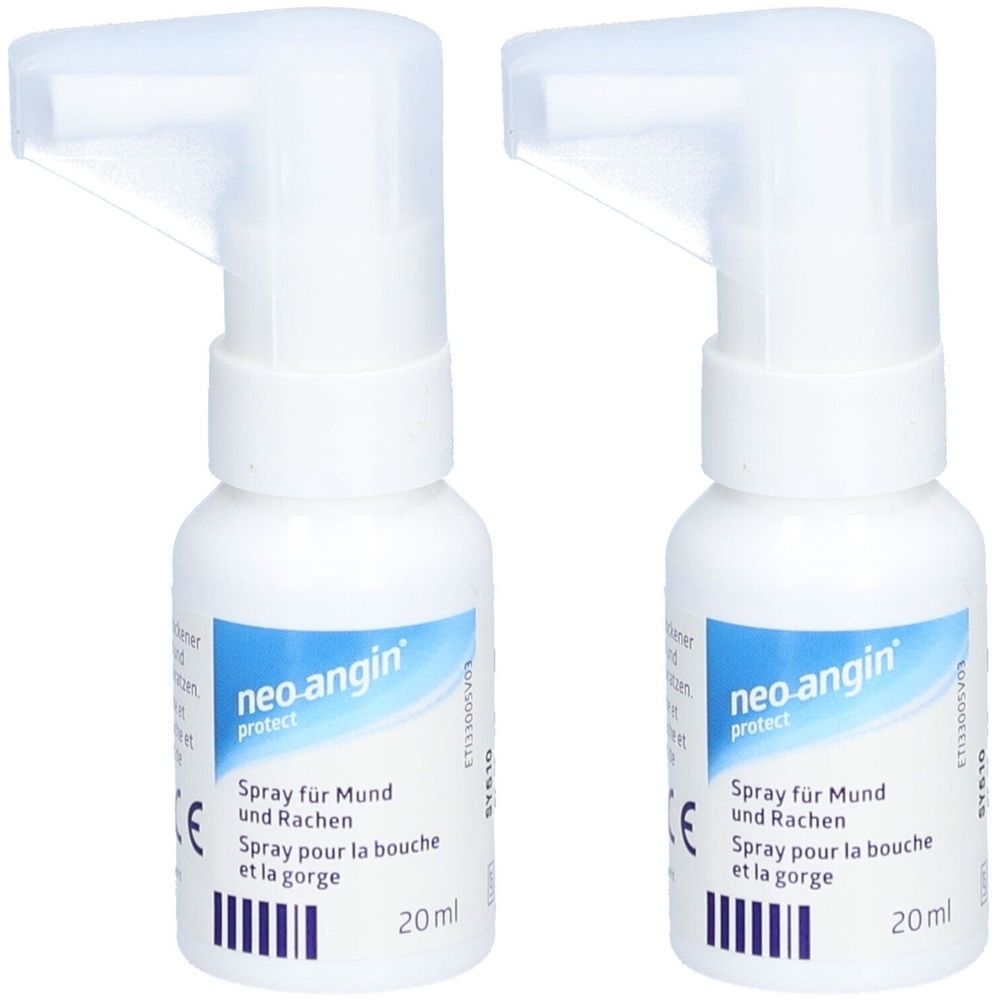 Zwei weiße Sprühflaschen mit blauem Etikett. Aufschrift: neo-angin protect, Spray für Mund und Rachen, 20 ml.