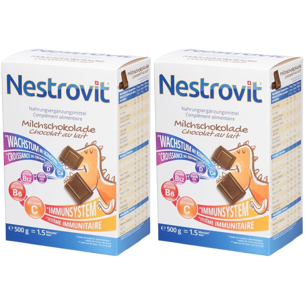 Zwei Kartons Nestrovit Milchschokolade. Aufdrucke: Wachstum, Immunsystem, Vitamine. Illustration: Dino mit Schokoriegel.