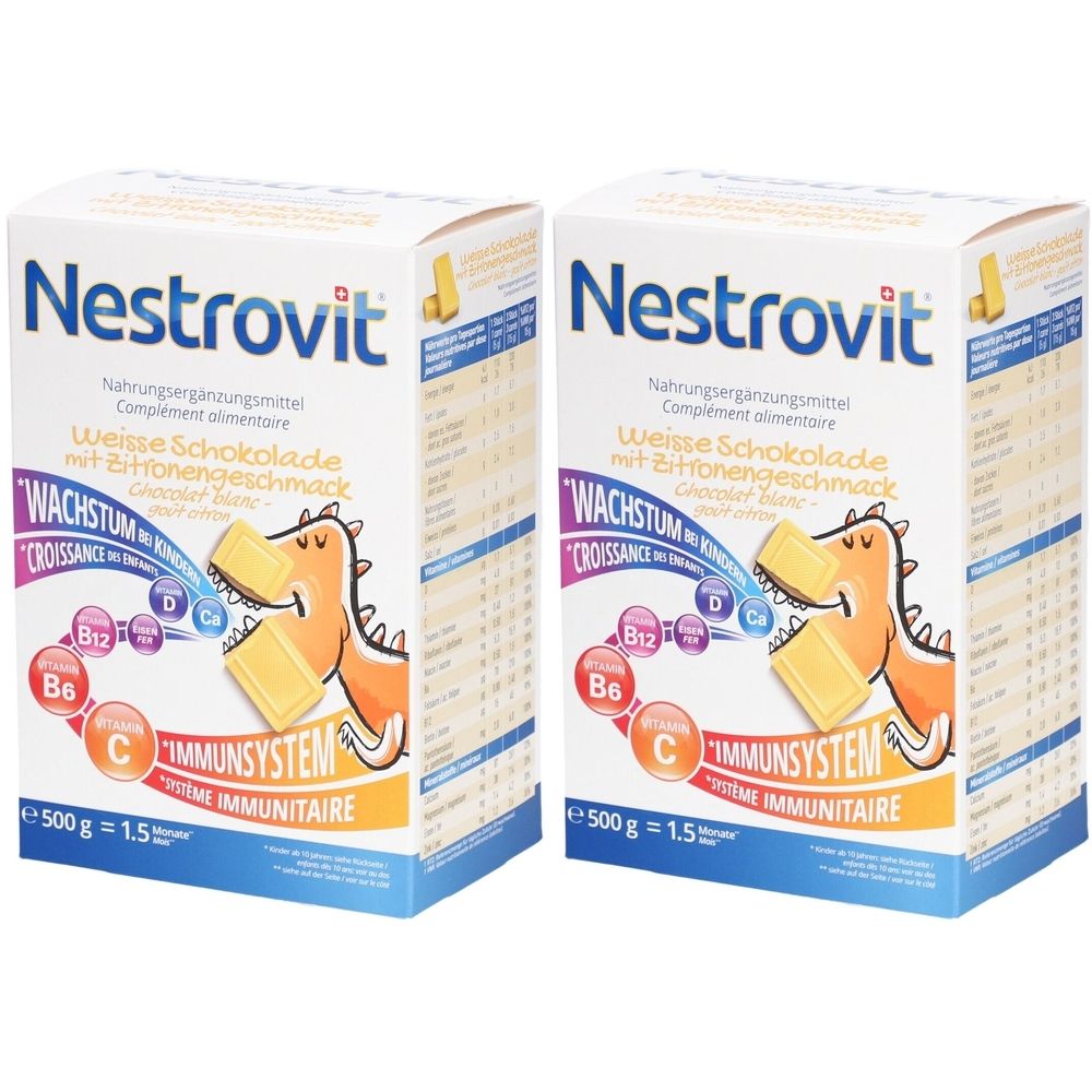 Zwei Kartons Nestrovit, Nahrungsergänzungsmittel. Aufdruck: Weiße Schokolade mit Zitronengeschmack, Wachstum, Immunsystem. Illustration: Dino mit Schokoriegel.