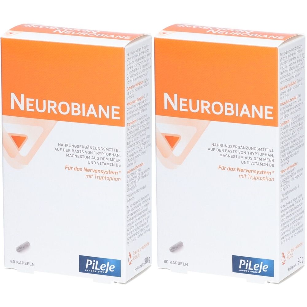 Deux boîtes de Neurobiane. Blanches, orange. Inscription : Neurobiane, PiLeje. Contient des gélules.