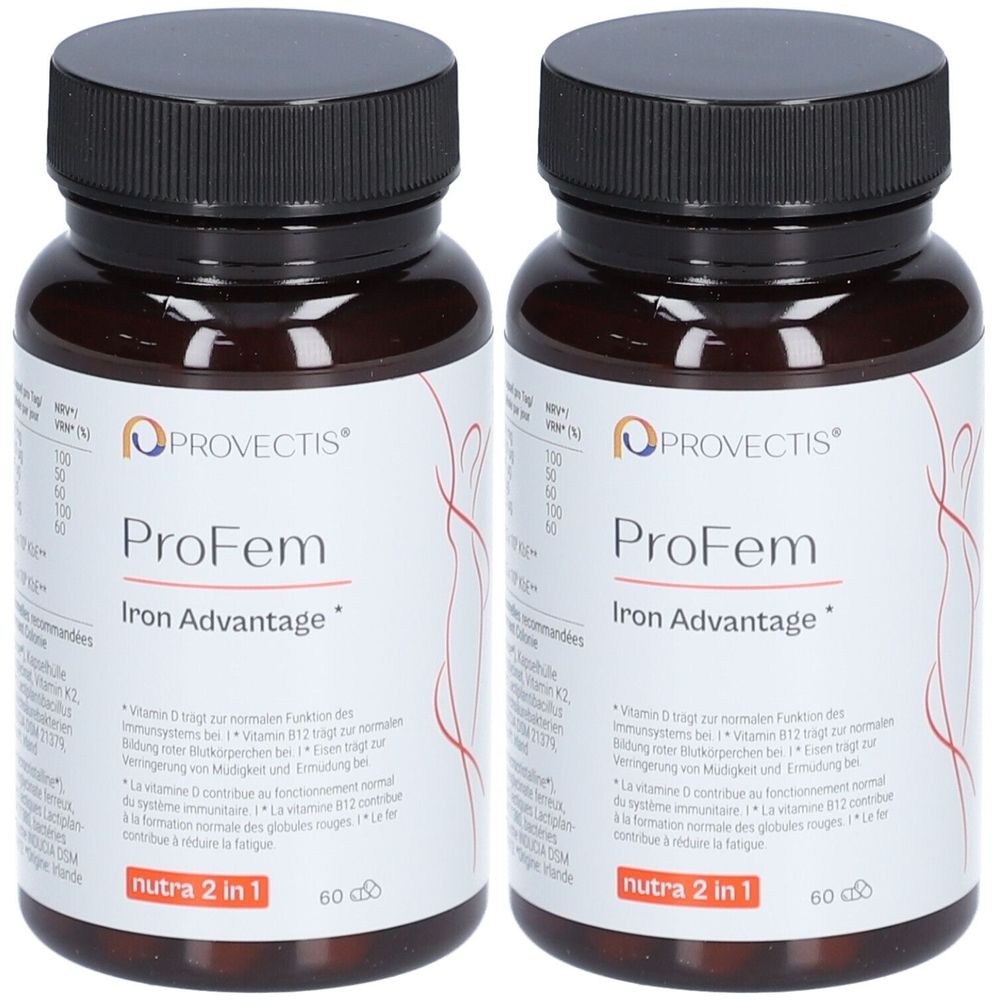 Zwei braune Flaschen mit schwarzen Deckeln. Auf den Etiketten steht "PROVECTIS ProFem Iron Advantage".