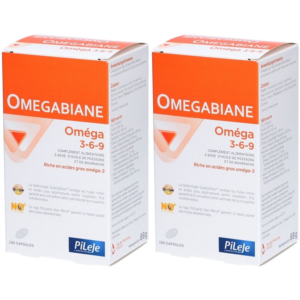 Deux boîtes Omegabiane Oméga 3-6-9. Boîtes blanches avec couvercle orange. Texte: Oméga 3-6-9, PiLeje.